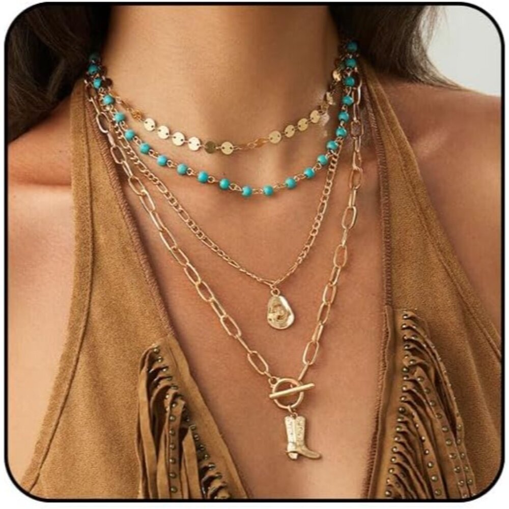 Chic Turquoise Western Jewelry - Layered Necklace with Unique Charms for Women